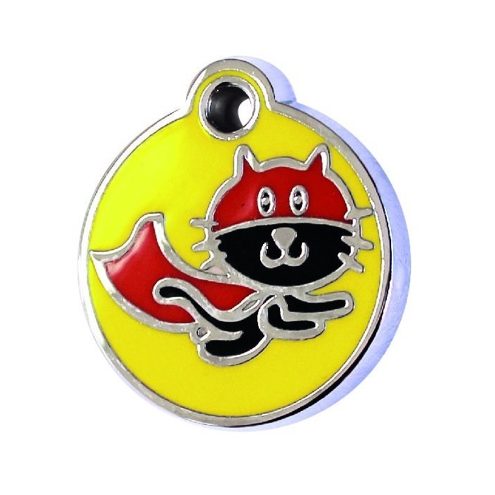 ENAMEL SMALL ROND SUPER HERO JAUNE ROUGE T.S - CHIEN et CHAT TAGGEE - Animalook Ile Réunion avec livraison 974