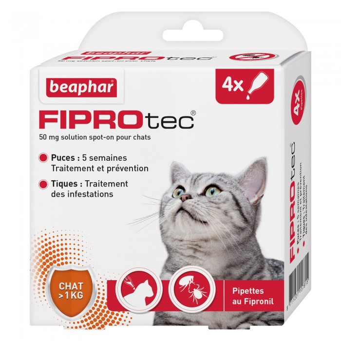 PIPETTE (x4) FIPROTEC - CHAT BEAPHAR de la catégorie : Le meilleur de ·Antiparasitaire pour chat· Animalook île Réunion