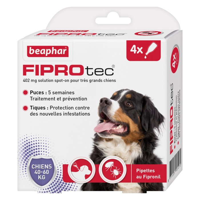 PIPETTE (x4) T.XL FIPROTEC - CHIEN BEAPHAR de la catégorie : Le meilleur de ·Antiparasitaire pour chien· Animalook île Réunion